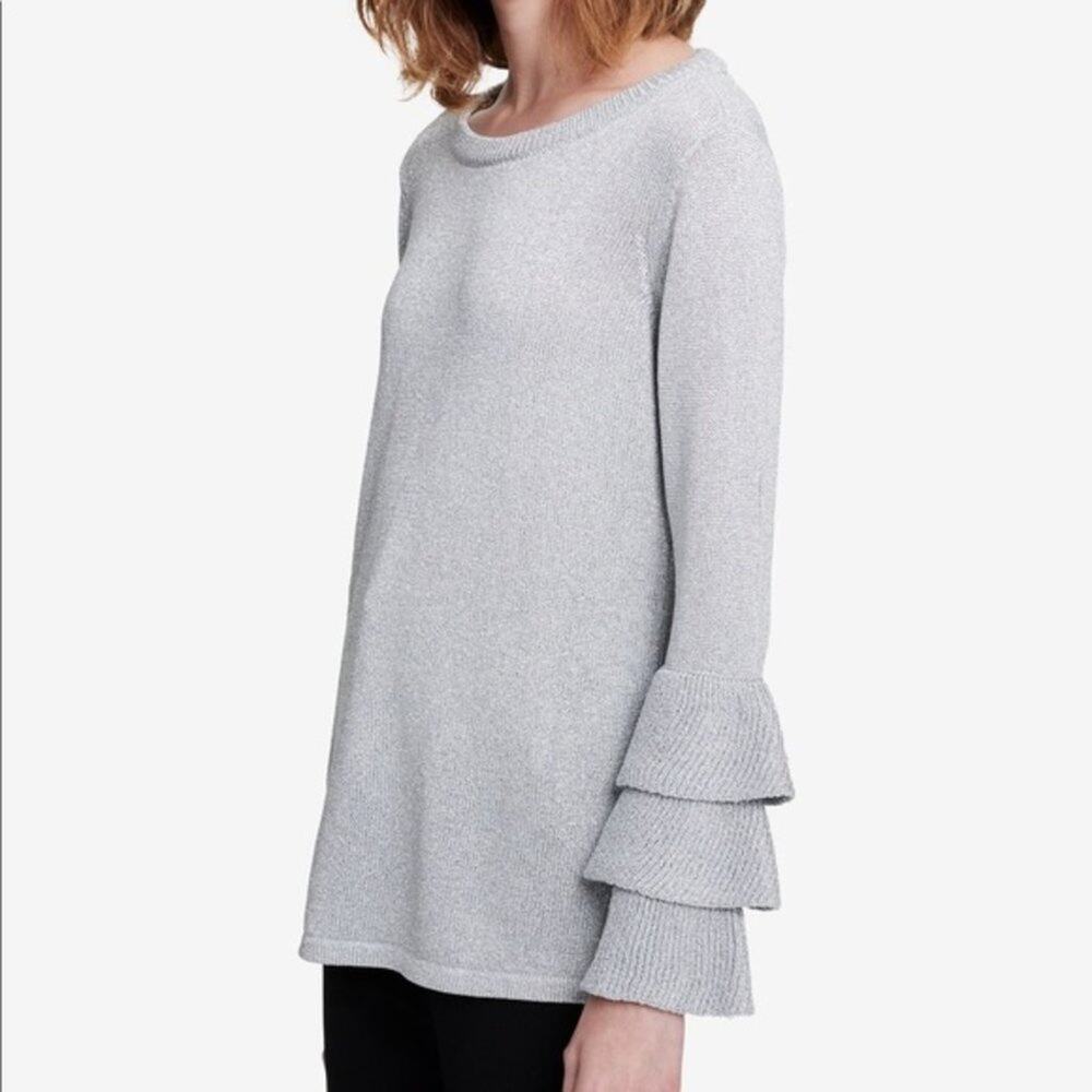 Calvin Klein Tiered Ruffle Cuff Silver Sweater